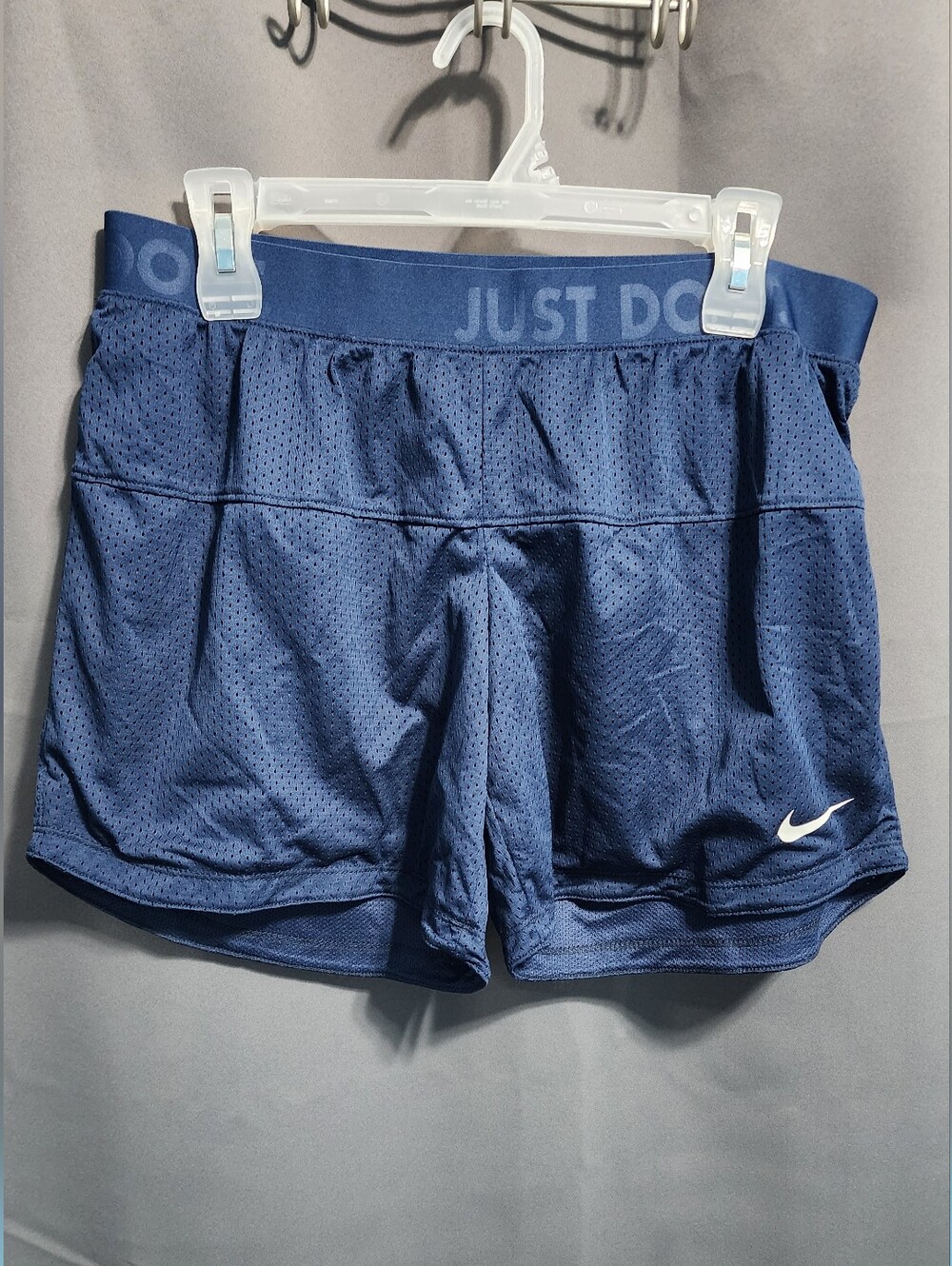 NWT Nike Womens Navy Blue Mesh Running Shorts Dri-FIT Just Do It Athletic Size L